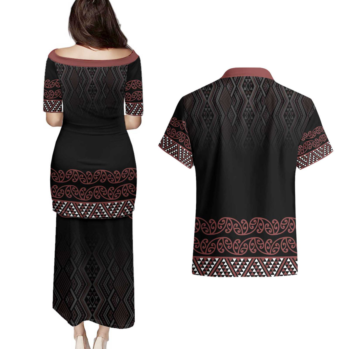Maori Taniko Patterns Couples Matching Puletasi and Hawaiian Shirt Brown Niho Taniwha Mix Paatiki Motifs LT7 - Polynesian Pride