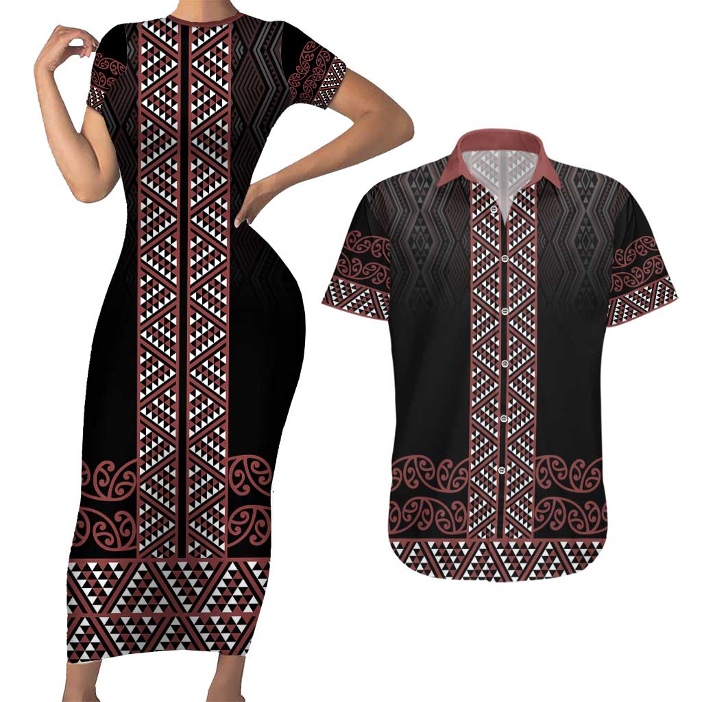 Maori Taniko Patterns Couples Matching Short Sleeve Bodycon Dress and Hawaiian Shirt Brown Niho Taniwha Mix Paatiki Motifs LT7 Brown - Polynesian Pride