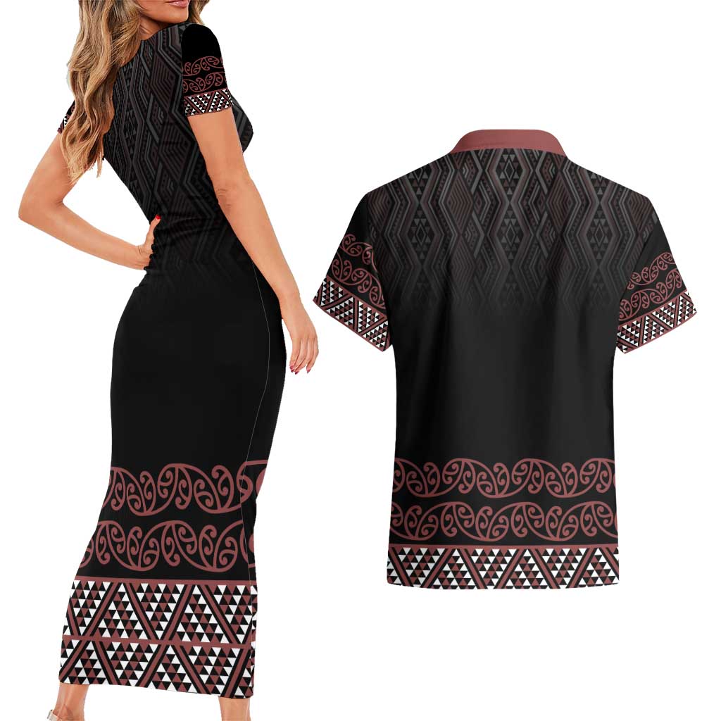 Maori Taniko Patterns Couples Matching Short Sleeve Bodycon Dress and Hawaiian Shirt Brown Niho Taniwha Mix Paatiki Motifs LT7 - Polynesian Pride