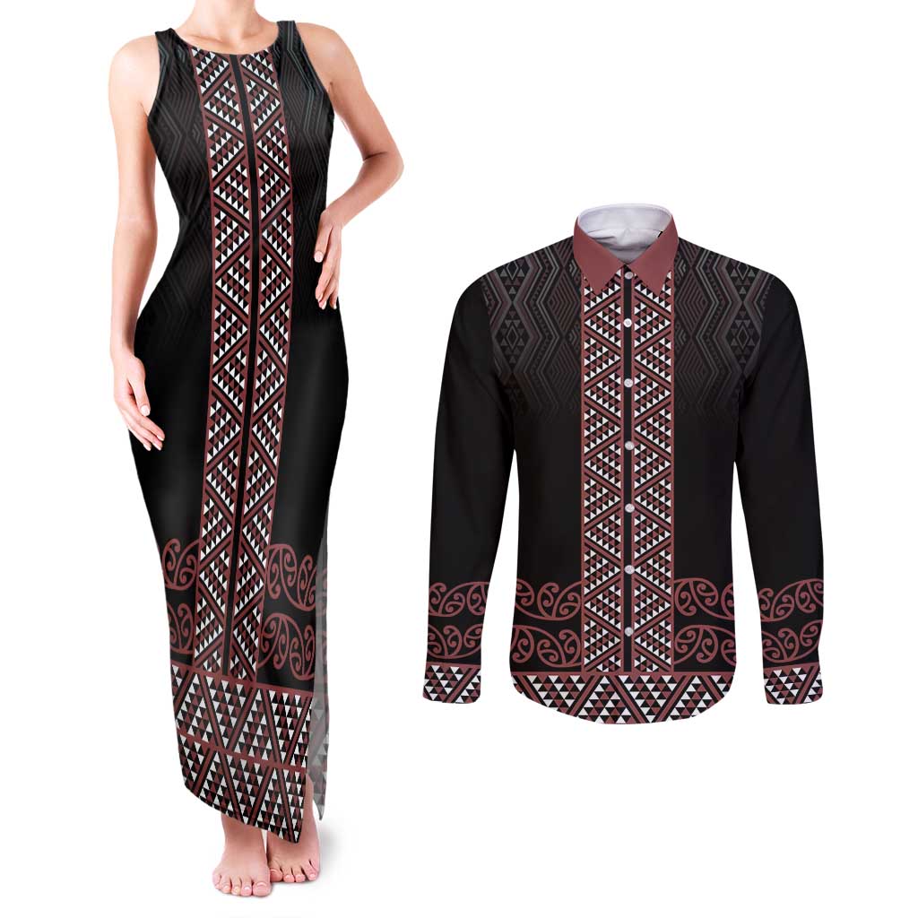 Maori Taniko Patterns Couples Matching Tank Maxi Dress and Long Sleeve Button Shirt Brown Niho Taniwha Mix Paatiki Motifs LT7 Brown - Polynesian Pride