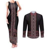 Maori Taniko Patterns Couples Matching Tank Maxi Dress and Long Sleeve Button Shirt Brown Niho Taniwha Mix Paatiki Motifs LT7 Brown - Polynesian Pride