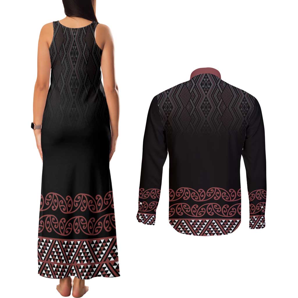 Maori Taniko Patterns Couples Matching Tank Maxi Dress and Long Sleeve Button Shirt Brown Niho Taniwha Mix Paatiki Motifs LT7 - Polynesian Pride