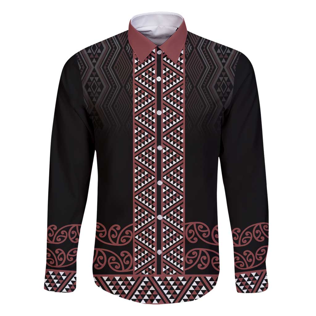 Maori Taniko Patterns Family Matching Long Sleeve Bodycon Dress and Hawaiian Shirt Brown Niho Taniwha Mix Paatiki Motifs LT7 Dad's Shirt - Long Sleeve Brown - Polynesian Pride