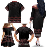 Maori Taniko Patterns Family Matching Off The Shoulder Long Sleeve Dress and Hawaiian Shirt Brown Niho Taniwha Mix Paatiki Motifs LT7 - Polynesian Pride