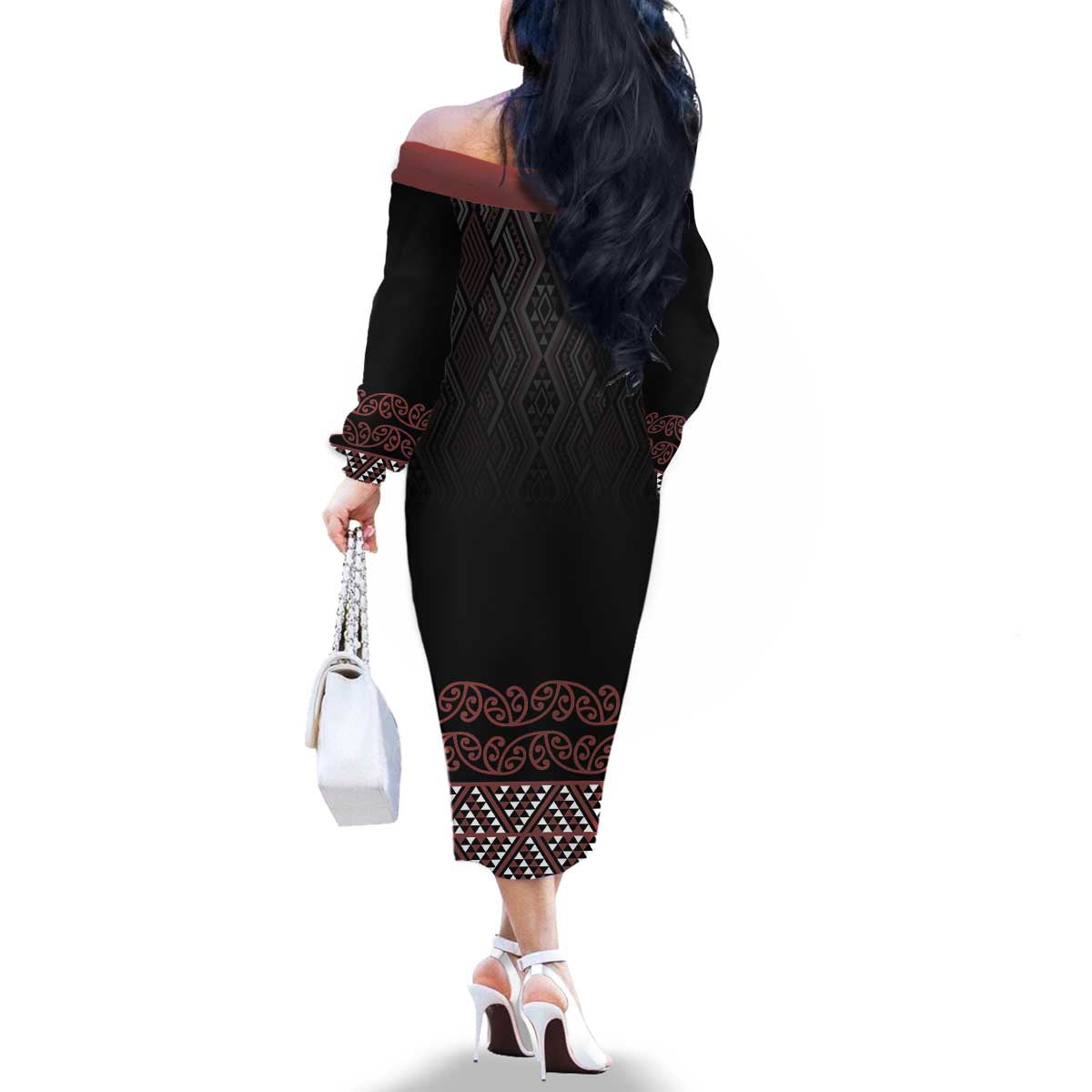 Maori Taniko Patterns Family Matching Off The Shoulder Long Sleeve Dress and Hawaiian Shirt Brown Niho Taniwha Mix Paatiki Motifs LT7 - Polynesian Pride