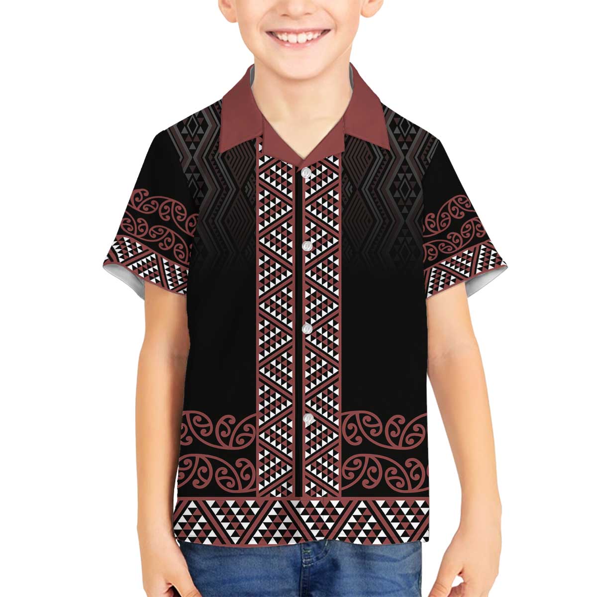 Maori Taniko Patterns Family Matching Off The Shoulder Long Sleeve Dress and Hawaiian Shirt Brown Niho Taniwha Mix Paatiki Motifs LT7 Son's Shirt Brown - Polynesian Pride