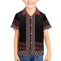 Maori Taniko Patterns Family Matching Off The Shoulder Long Sleeve Dress and Hawaiian Shirt Brown Niho Taniwha Mix Paatiki Motifs LT7 Son's Shirt Brown - Polynesian Pride