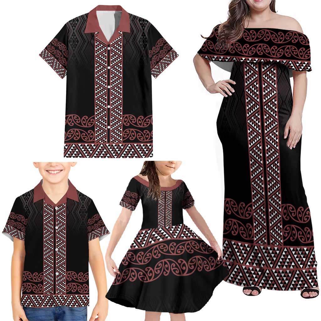 Maori Taniko Patterns Family Matching Off Shoulder Maxi Dress and Hawaiian Shirt Brown Niho Taniwha Mix Paatiki Motifs