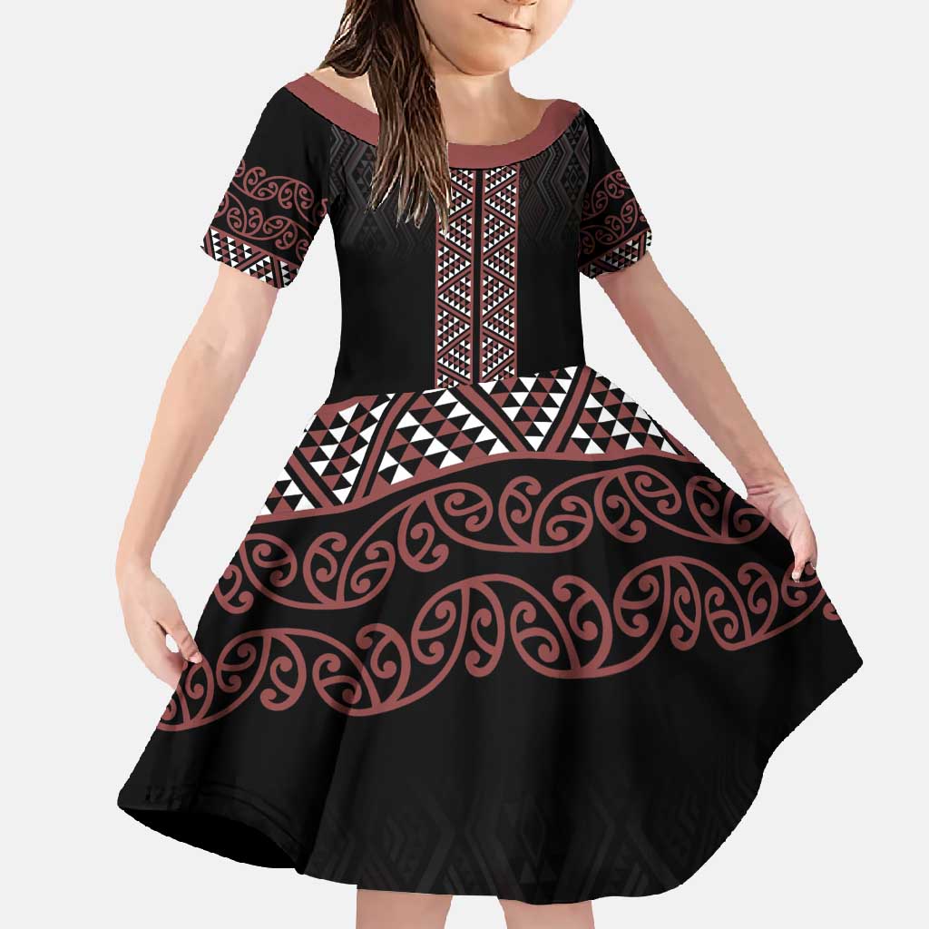 Maori Taniko Patterns Family Matching Short Sleeve Bodycon Dress and Hawaiian Shirt Brown Niho Taniwha Mix Paatiki Motifs LT7 Daughter's Dress Brown - Polynesian Pride