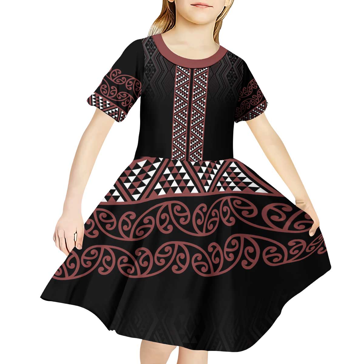 Maori Taniko Patterns Kid Short Sleeve Dress Brown Niho Taniwha Mix Paatiki Motifs