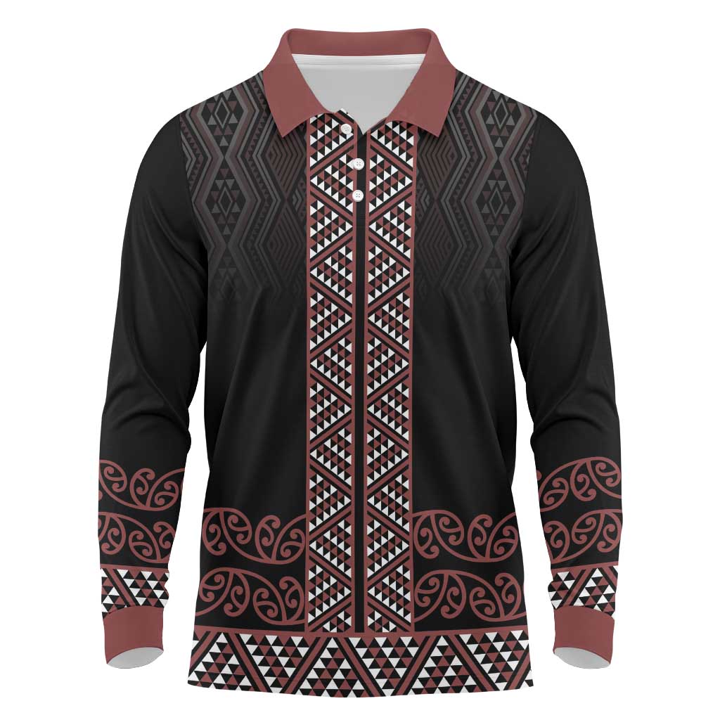 Maori Taniko Patterns Long Sleeve Polo Shirt Brown Niho Taniwha Mix Paatiki Motifs