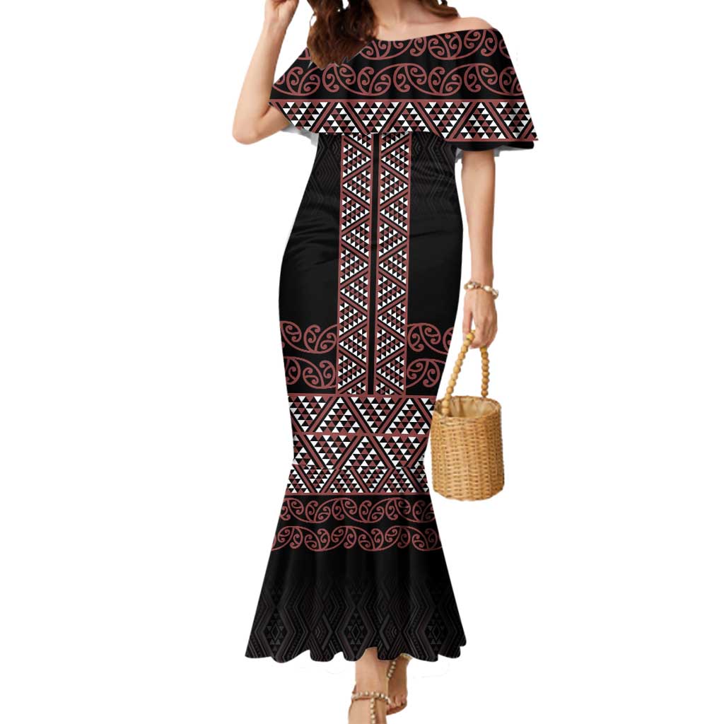 Maori Taniko Patterns Mermaid Dress Brown Niho Taniwha Mix Paatiki Motifs