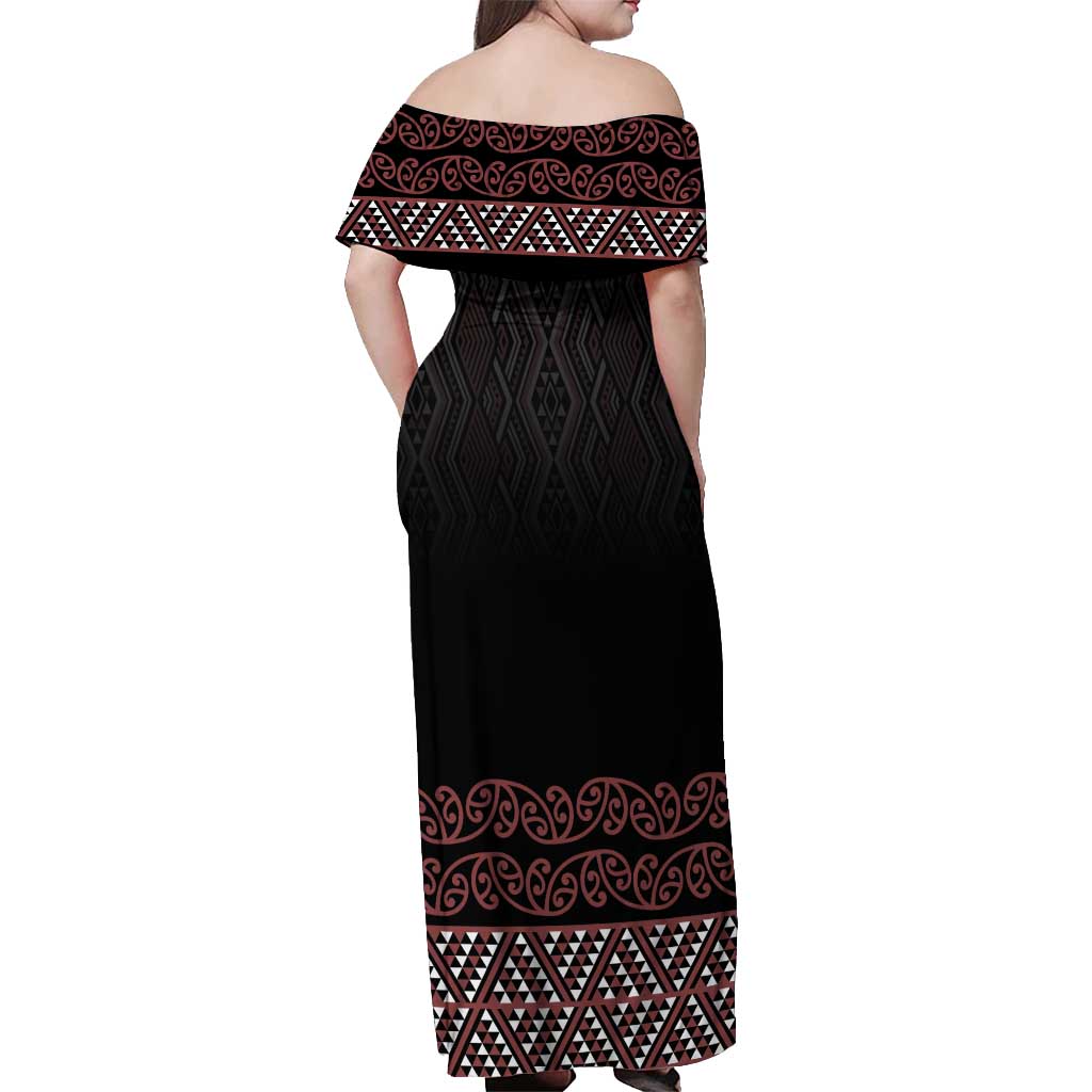 Maori Taniko Patterns Off Shoulder Maxi Dress Brown Niho Taniwha Mix Paatiki Motifs