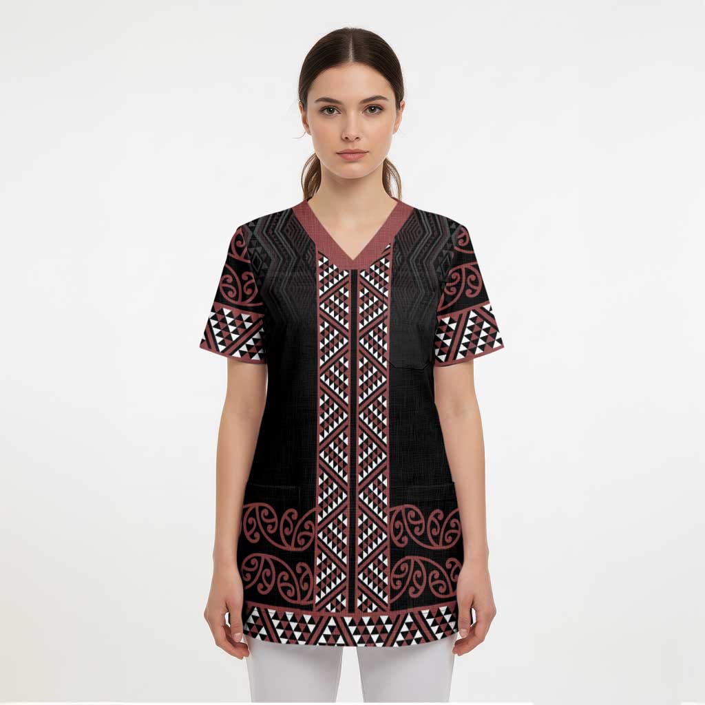 Maori Taniko Patterns Scrub Top Brown Niho Taniwha Mix Paatiki Motifs - Polynesian Pride