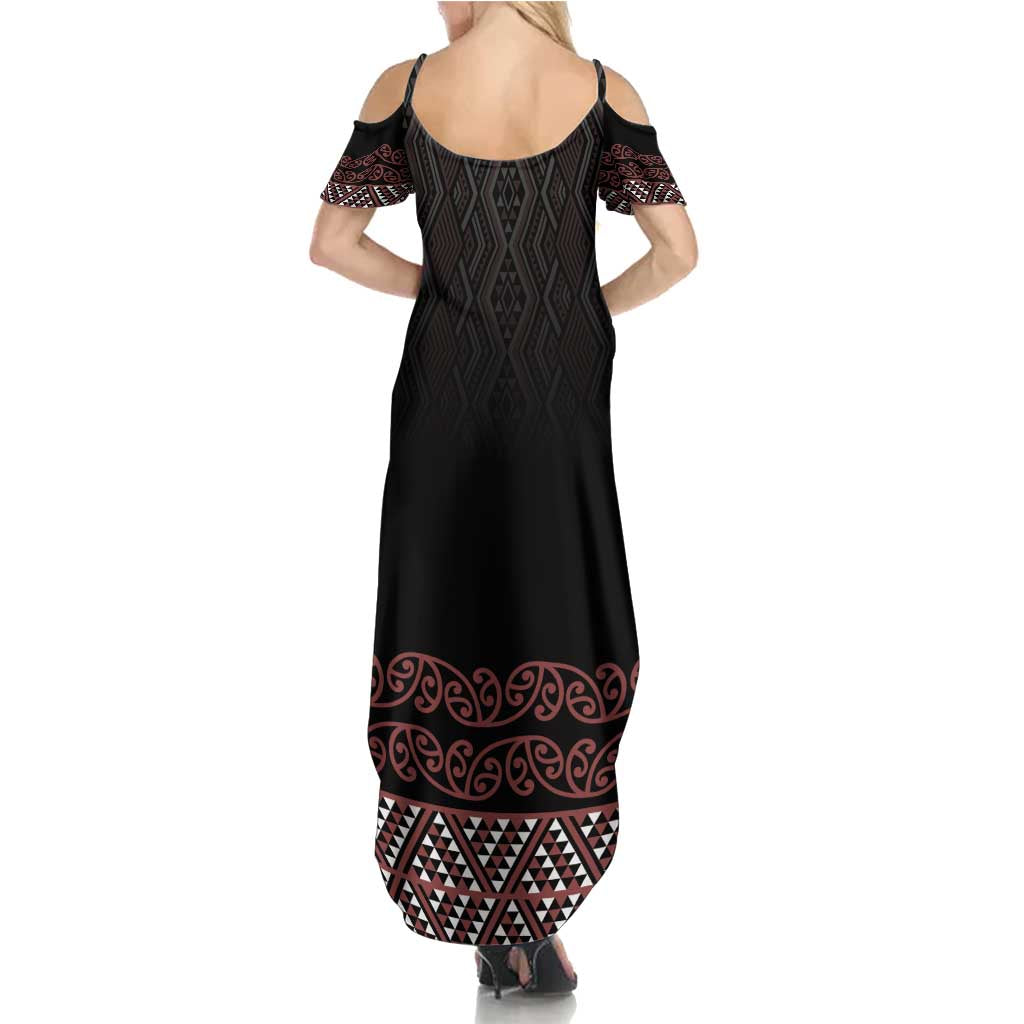 Maori Taniko Patterns Summer Maxi Dress Brown Niho Taniwha Mix Paatiki Motifs