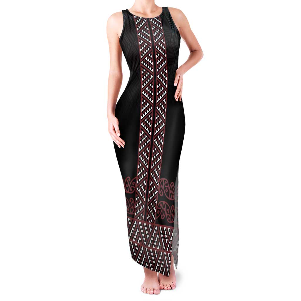 Maori Taniko Patterns Tank Maxi Dress Brown Niho Taniwha Mix Paatiki Motifs