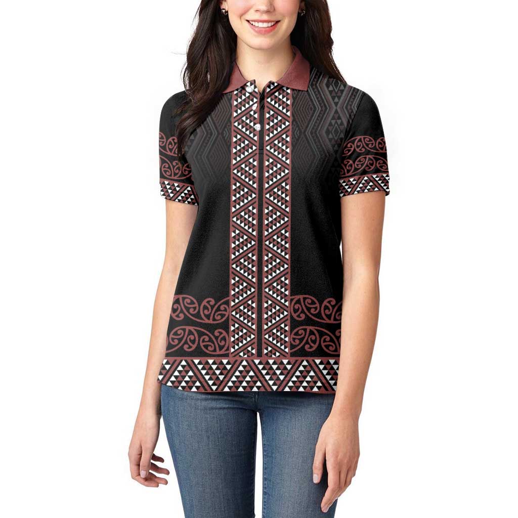 Maori Taniko Patterns Women Polo Shirt Brown Niho Taniwha Mix Paatiki Motifs