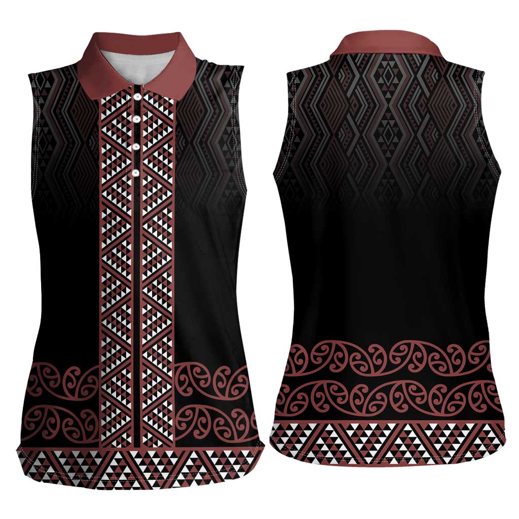 Maori Taniko Patterns Women Sleeveless Polo Shirt Brown Niho Taniwha Mix Paatiki Motifs