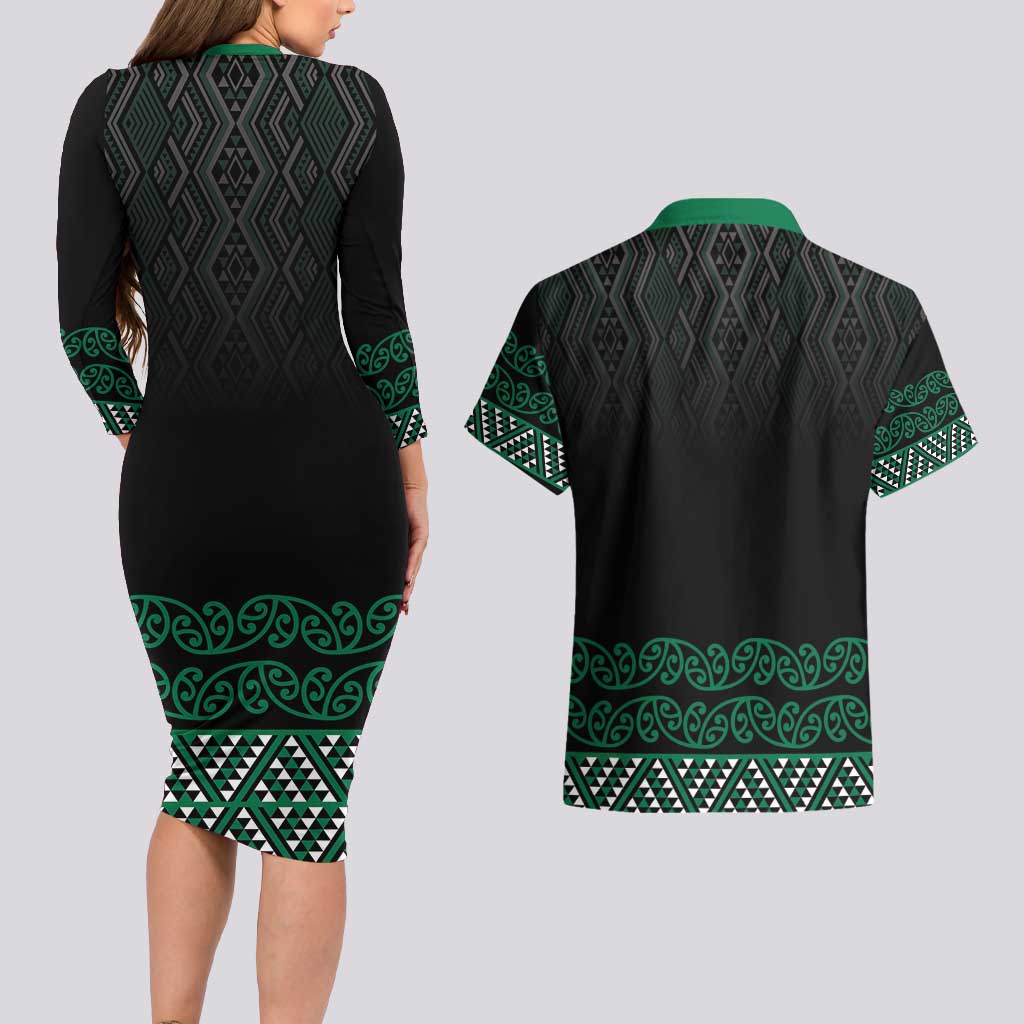 Maori Taniko Patterns Couples Matching Long Sleeve Bodycon Dress and Hawaiian Shirt Pounamu Niho Taniwha Mix Paatiki Motifs LT7 - Polynesian Pride