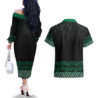 Maori Taniko Patterns Couples Matching Off The Shoulder Long Sleeve Dress and Hawaiian Shirt Pounamu Niho Taniwha Mix Paatiki Motifs LT7 - Polynesian Pride
