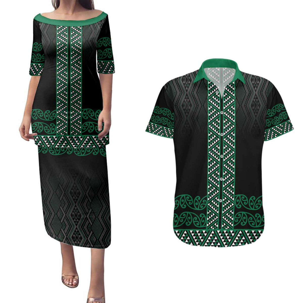 Maori Taniko Patterns Couples Matching Puletasi and Hawaiian Shirt Pounamu Niho Taniwha Mix Paatiki Motifs LT7 Green - Polynesian Pride