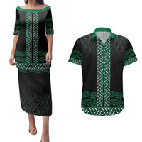 Maori Taniko Patterns Couples Matching Puletasi and Hawaiian Shirt Pounamu Niho Taniwha Mix Paatiki Motifs LT7 Green - Polynesian Pride