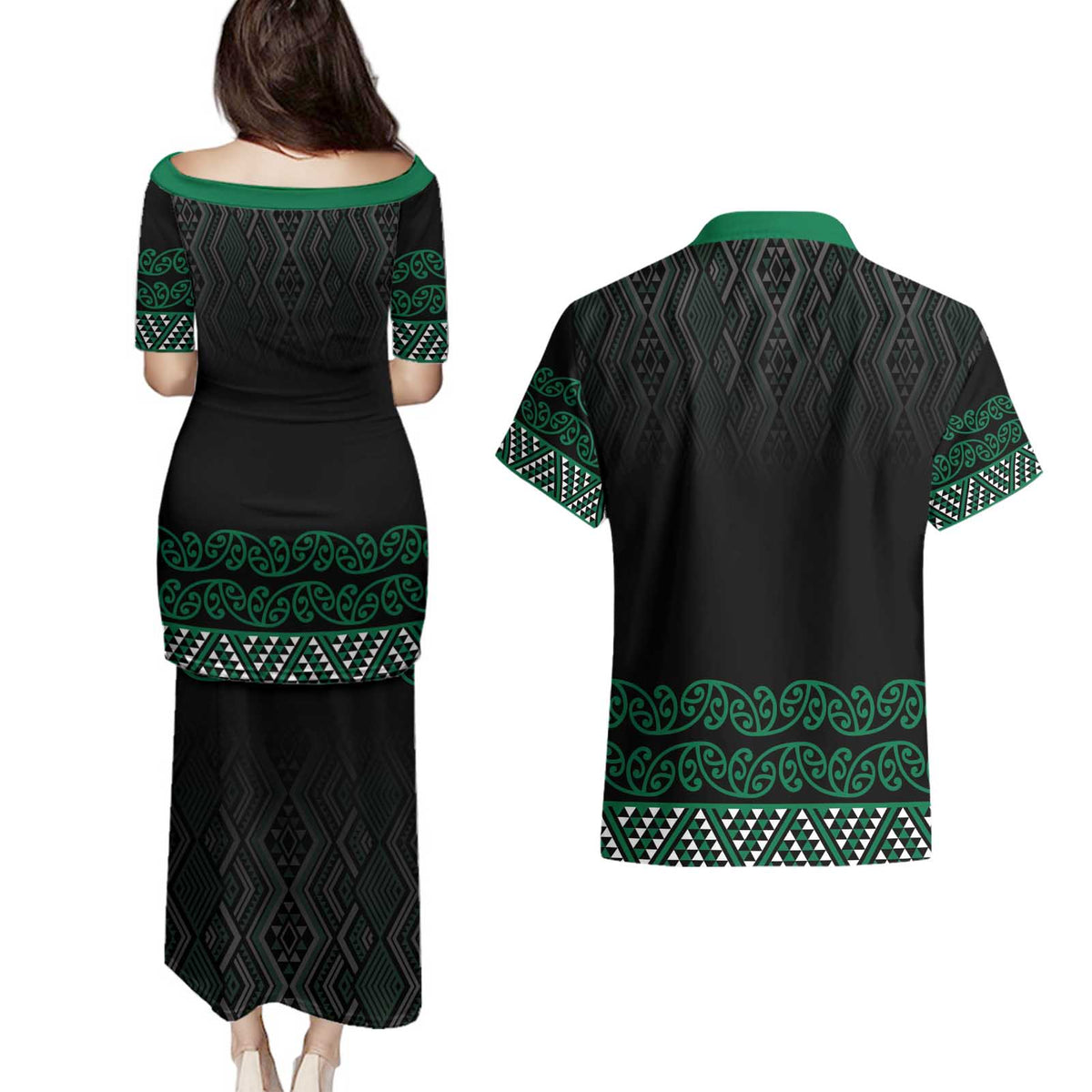 Maori Taniko Patterns Couples Matching Puletasi and Hawaiian Shirt Pounamu Niho Taniwha Mix Paatiki Motifs LT7 - Polynesian Pride