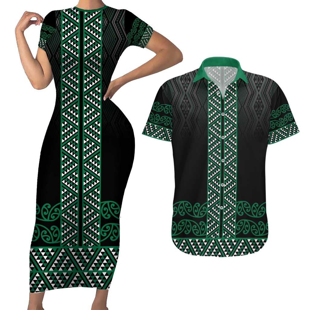 Maori Taniko Patterns Couples Matching Short Sleeve Bodycon Dress and Hawaiian Shirt Pounamu Niho Taniwha Mix Paatiki Motifs LT7 Green - Polynesian Pride