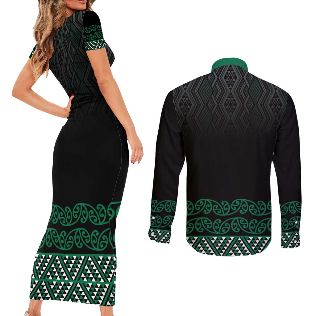 Maori Taniko Patterns Couples Matching Short Sleeve Bodycon Dress and Long Sleeve Button Shirt Pounamu Niho Taniwha Mix Paatiki Motifs