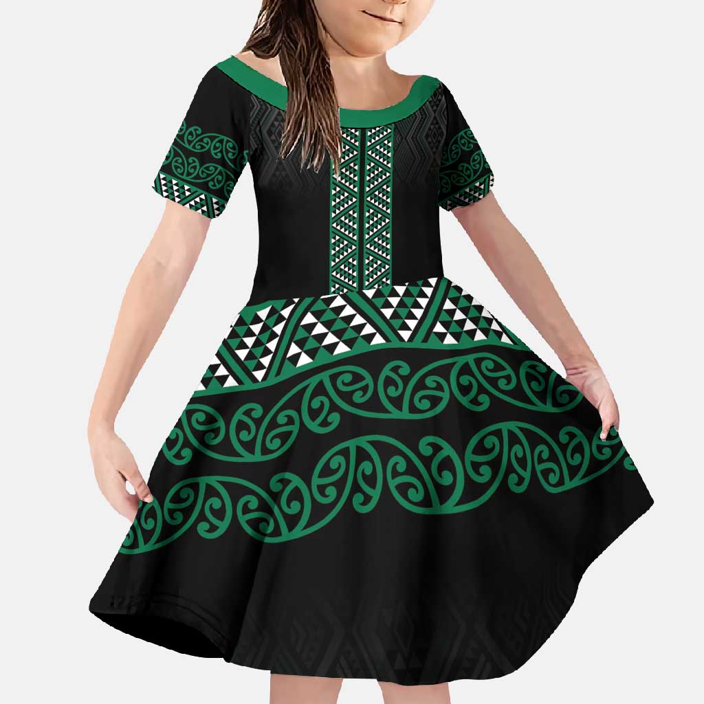 Maori Taniko Patterns Family Matching Long Sleeve Bodycon Dress and Hawaiian Shirt Pounamu Niho Taniwha Mix Paatiki Motifs LT7 Daughter's Dress Green - Polynesian Pride