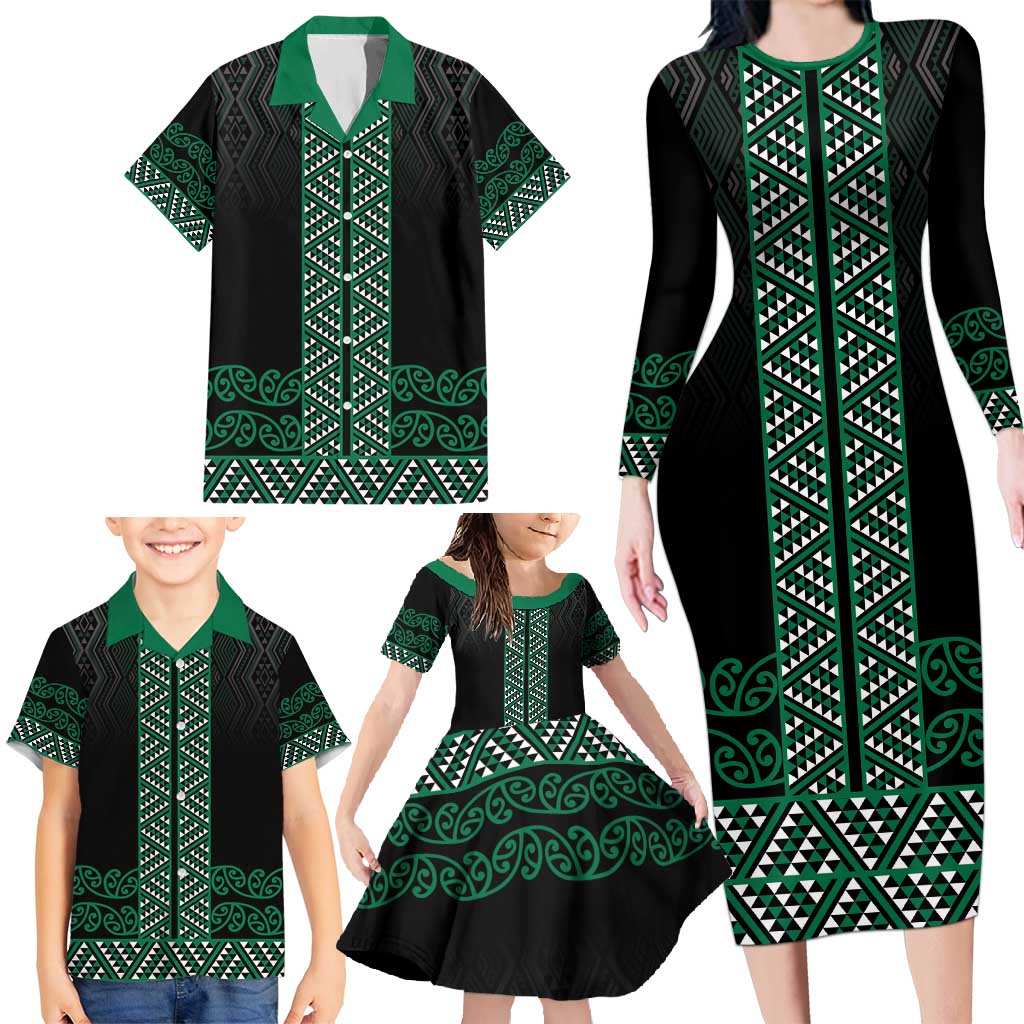 Maori Taniko Patterns Family Matching Long Sleeve Bodycon Dress and Hawaiian Shirt Pounamu Niho Taniwha Mix Paatiki Motifs LT7 - Polynesian Pride