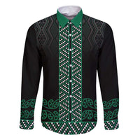 Maori Taniko Patterns Family Matching Long Sleeve Bodycon Dress and Hawaiian Shirt Pounamu Niho Taniwha Mix Paatiki Motifs LT7 Dad's Shirt - Long Sleeve Green - Polynesian Pride