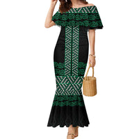 Maori Taniko Patterns Family Matching Mermaid Dress and Hawaiian Shirt Pounamu Niho Taniwha Mix Paatiki Motifs LT7 Mom's Dress Green - Polynesian Pride