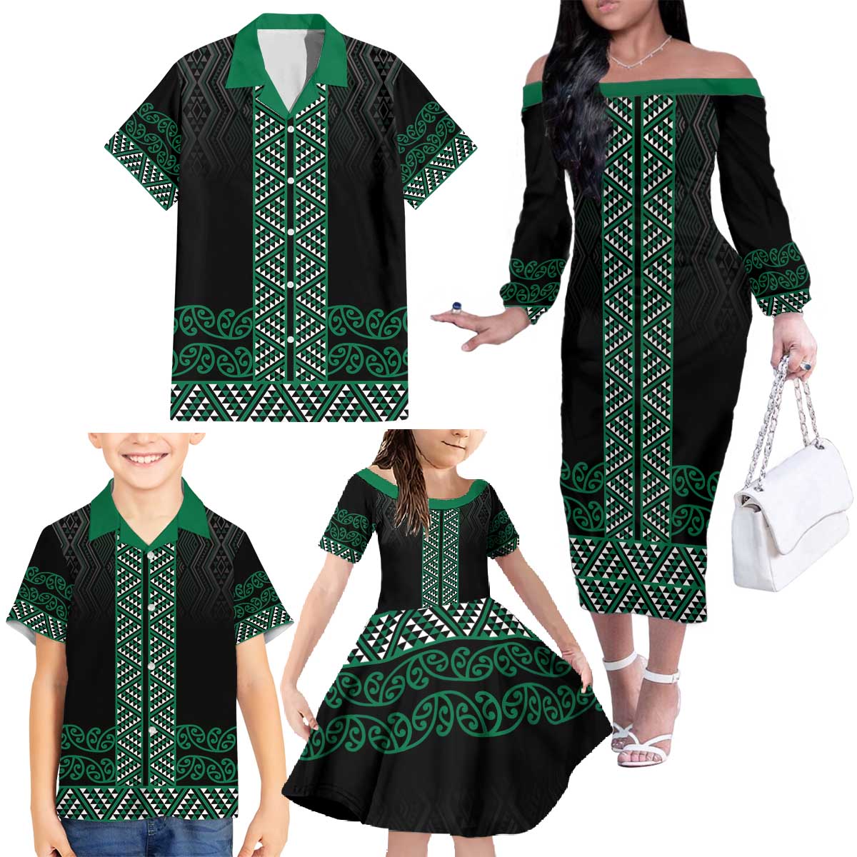 Maori Taniko Patterns Family Matching Off The Shoulder Long Sleeve Dress and Hawaiian Shirt Pounamu Niho Taniwha Mix Paatiki Motifs LT7 - Polynesian Pride