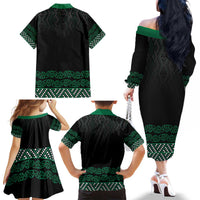 Maori Taniko Patterns Family Matching Off The Shoulder Long Sleeve Dress and Hawaiian Shirt Pounamu Niho Taniwha Mix Paatiki Motifs LT7 - Polynesian Pride