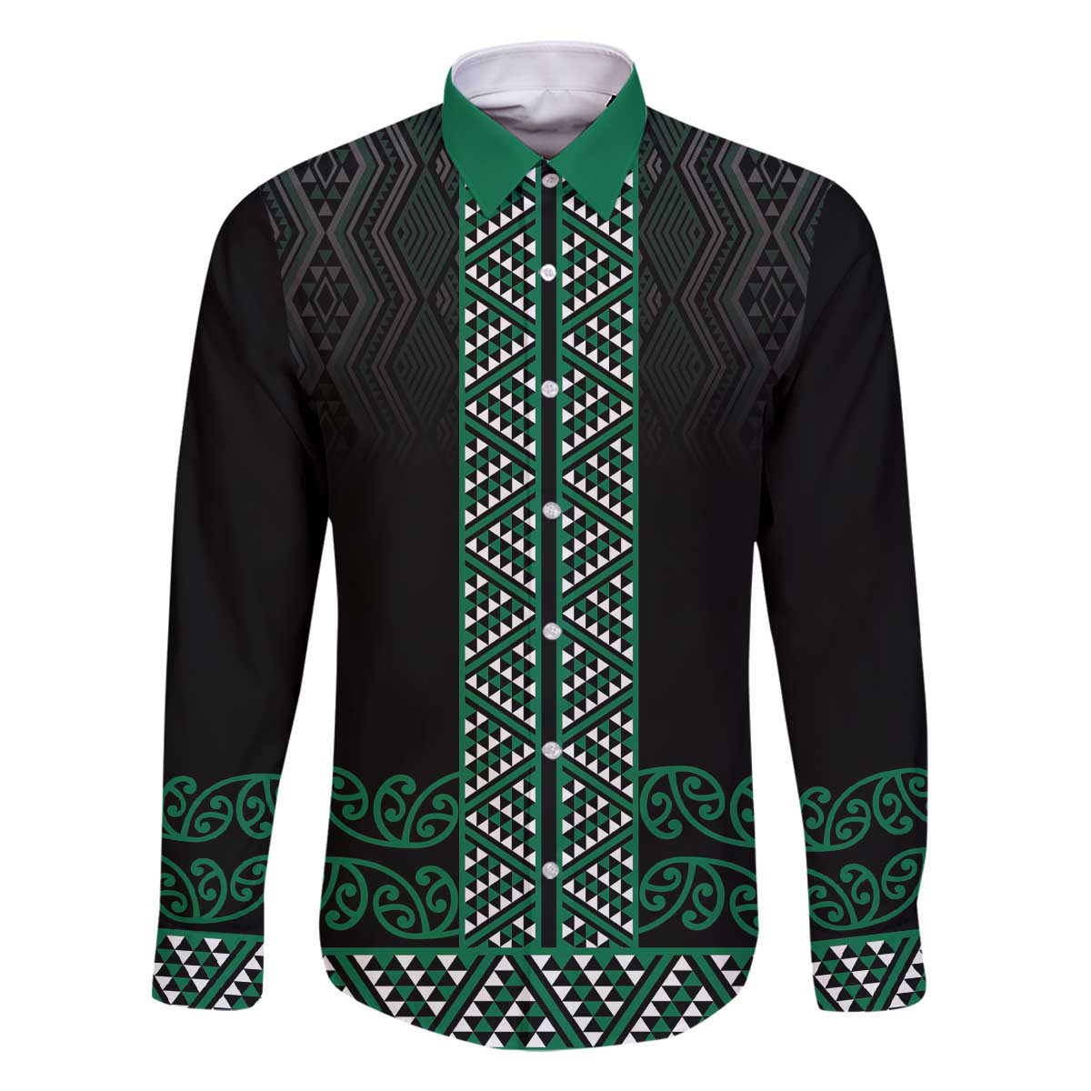 Maori Taniko Patterns Family Matching Off The Shoulder Long Sleeve Dress and Hawaiian Shirt Pounamu Niho Taniwha Mix Paatiki Motifs LT7 Dad's Shirt - Long Sleeve Green - Polynesian Pride