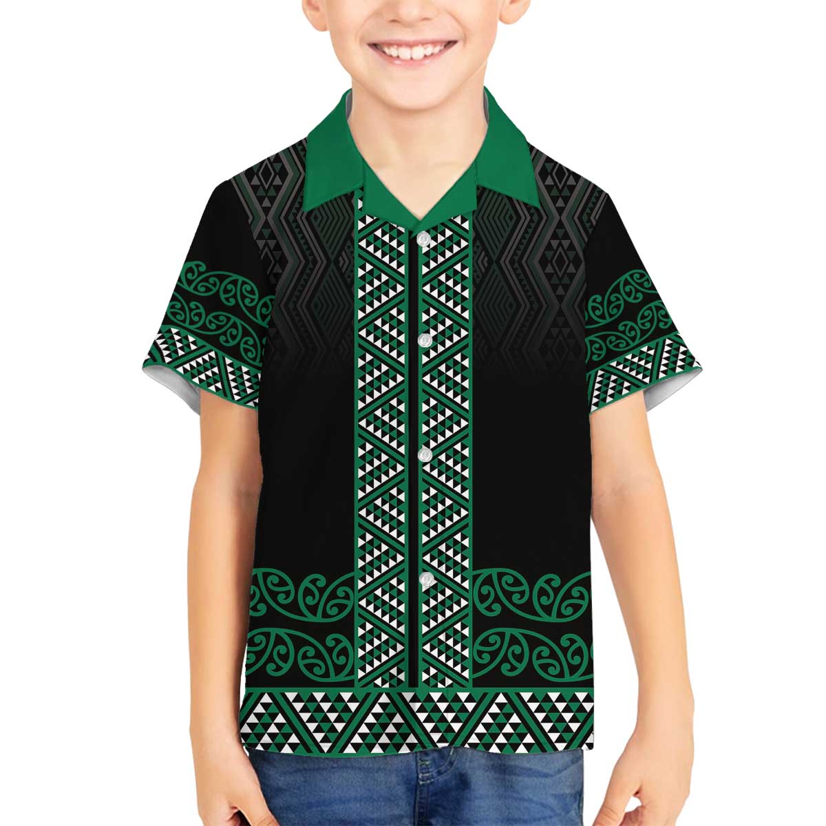 Maori Taniko Patterns Family Matching Off The Shoulder Long Sleeve Dress and Hawaiian Shirt Pounamu Niho Taniwha Mix Paatiki Motifs LT7 Son's Shirt Green - Polynesian Pride