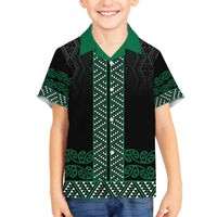 Maori Taniko Patterns Family Matching Off The Shoulder Long Sleeve Dress and Hawaiian Shirt Pounamu Niho Taniwha Mix Paatiki Motifs LT7 Son's Shirt Green - Polynesian Pride