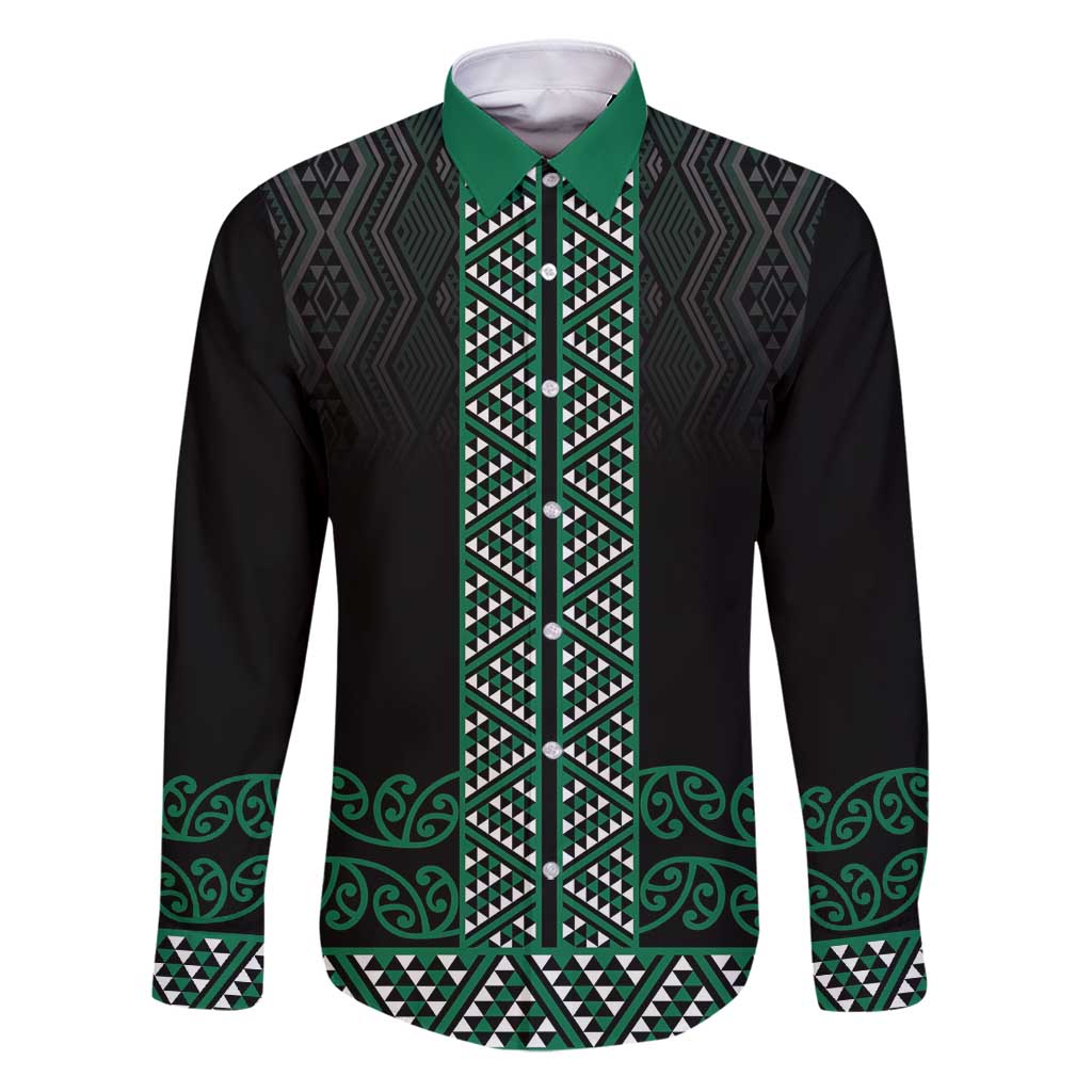 Maori Taniko Patterns Family Matching Puletasi and Hawaiian Shirt Pounamu Niho Taniwha Mix Paatiki Motifs LT7 Dad's Shirt - Long Sleeve Green - Polynesian Pride
