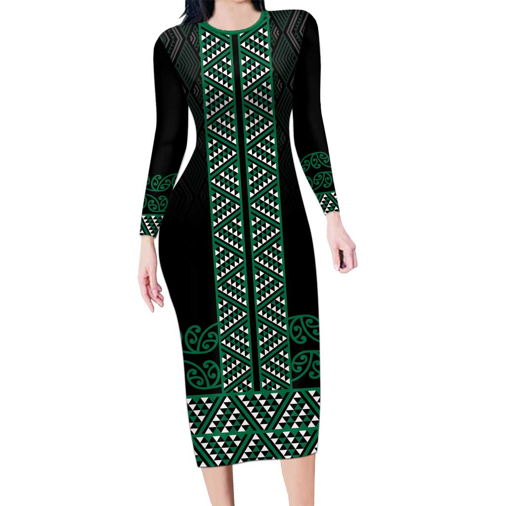 Maori Taniko Patterns Long Sleeve Bodycon Dress Pounamu Niho Taniwha Mix Paatiki Motifs