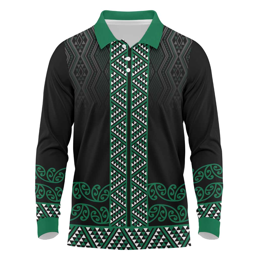 Maori Taniko Patterns Long Sleeve Polo Shirt Pounamu Niho Taniwha Mix Paatiki Motifs