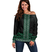 Maori Taniko Patterns Off Shoulder Sweater Pounamu Niho Taniwha Mix Paatiki Motifs