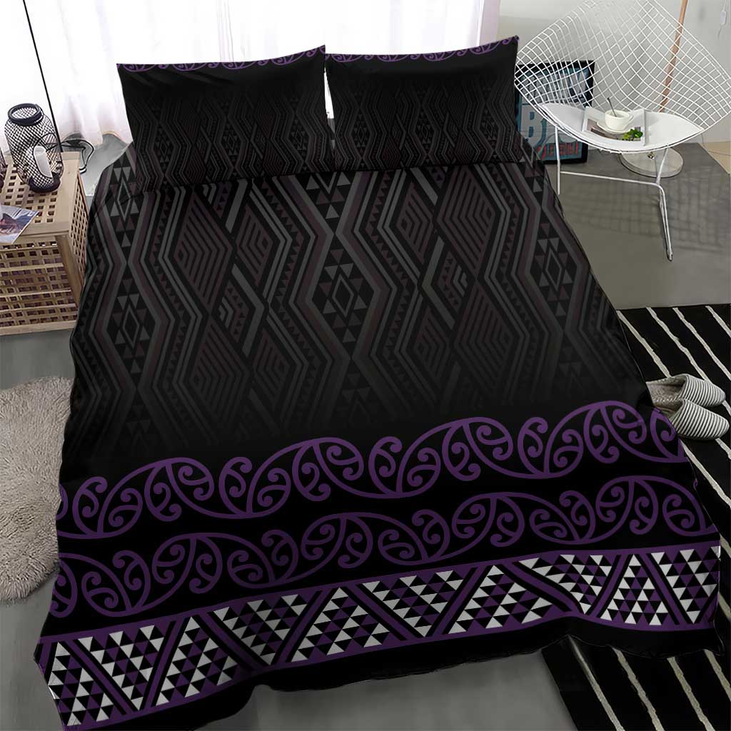 Maori Taniko Patterns Bedding Set Purple Niho Taniwha Mix Paatiki Motifs