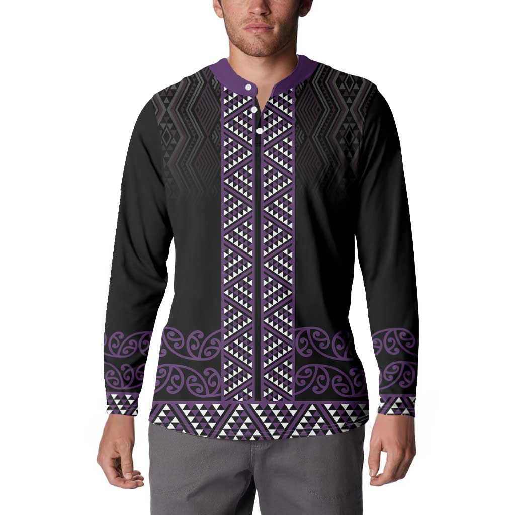 Maori Taniko Patterns Button Sweatshirt Purple Niho Taniwha Mix Paatiki Motifs