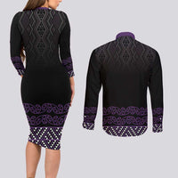 Maori Taniko Patterns Couples Matching Long Sleeve Bodycon Dress and Long Sleeve Button Shirt Purple Niho Taniwha Mix Paatiki Motifs