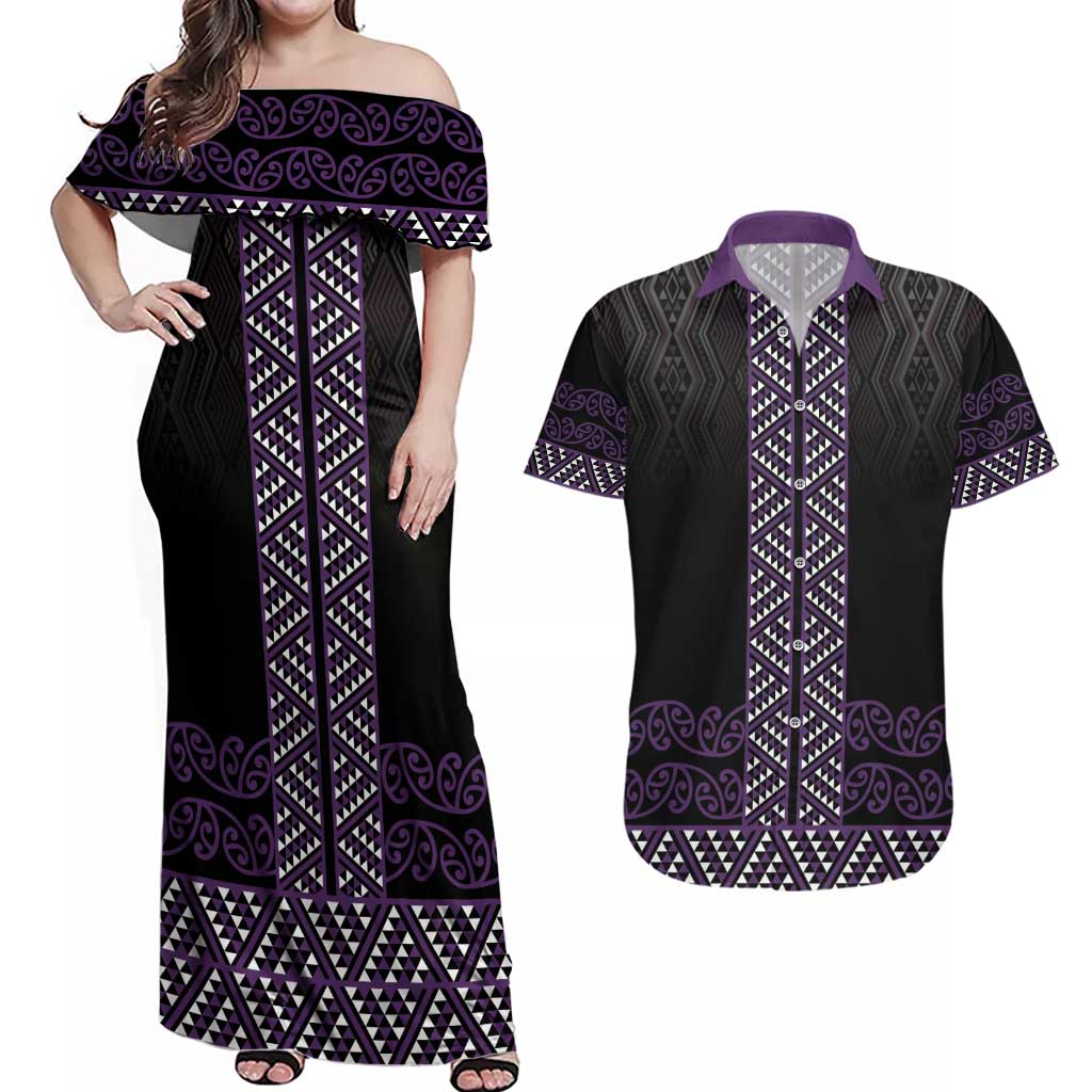 Maori Taniko Patterns Couples Matching Off Shoulder Maxi Dress and Hawaiian Shirt Purple Niho Taniwha Mix Paatiki Motifs