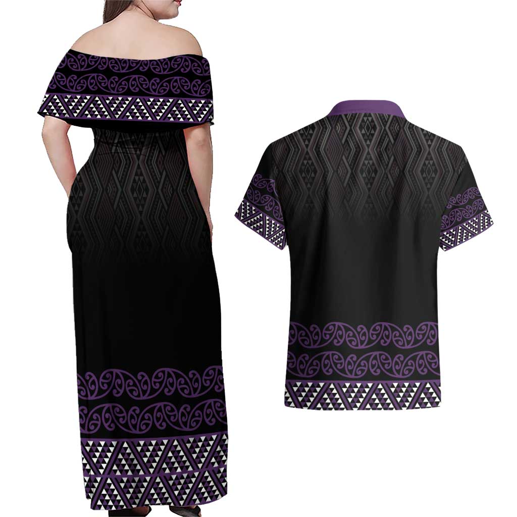 Maori Taniko Patterns Couples Matching Off Shoulder Maxi Dress and Hawaiian Shirt Purple Niho Taniwha Mix Paatiki Motifs