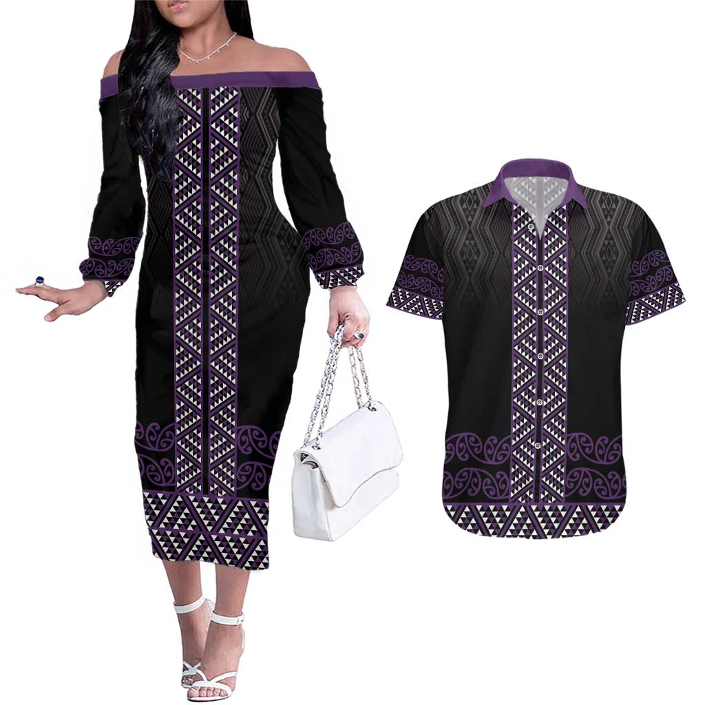 Maori Taniko Patterns Couples Matching Off The Shoulder Long Sleeve Dress and Hawaiian Shirt Purple Niho Taniwha Mix Paatiki Motifs LT7 Purple - Polynesian Pride