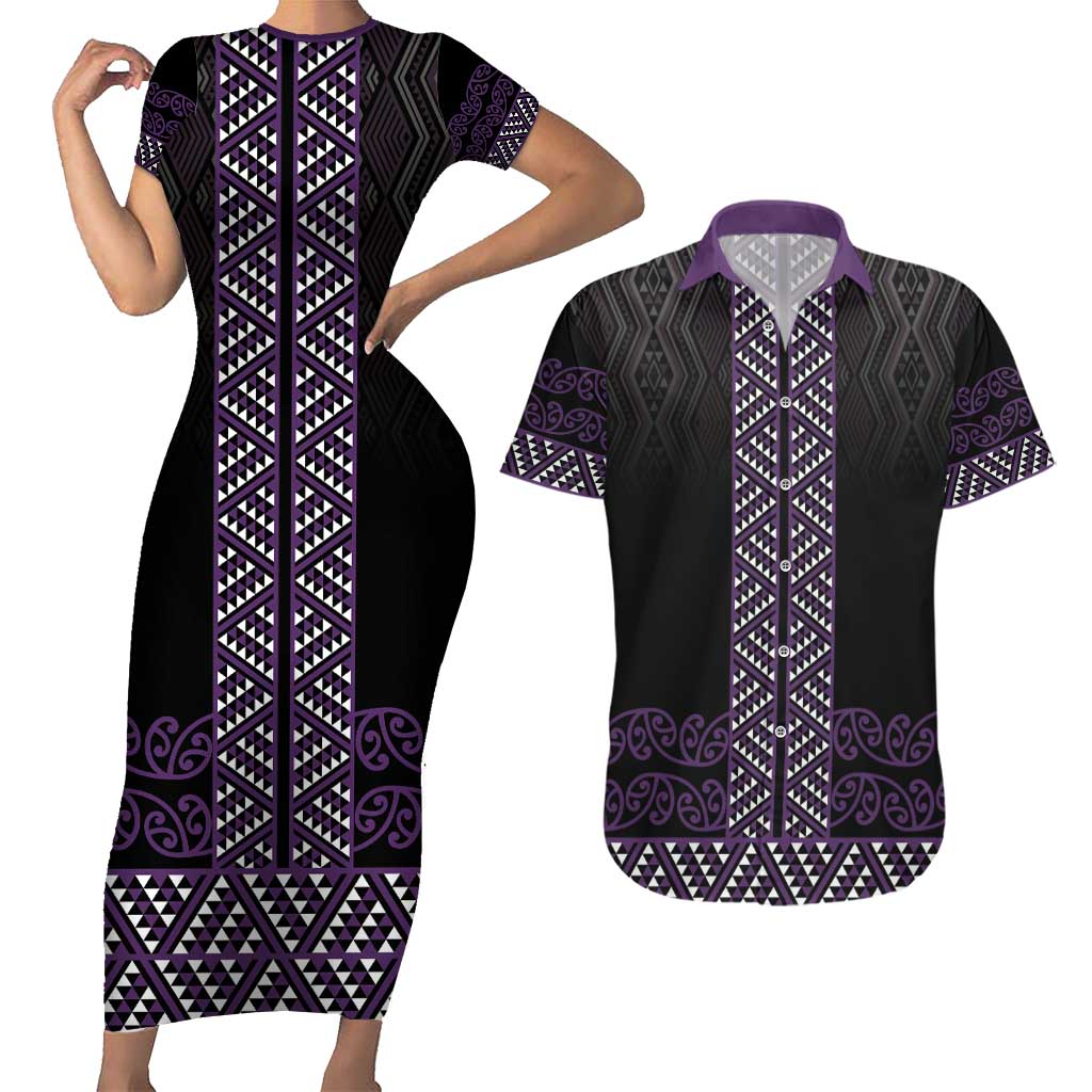 Maori Taniko Patterns Couples Matching Short Sleeve Bodycon Dress and Hawaiian Shirt Purple Niho Taniwha Mix Paatiki Motifs LT7 Purple - Polynesian Pride
