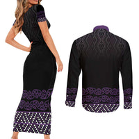 Maori Taniko Patterns Couples Matching Short Sleeve Bodycon Dress and Long Sleeve Button Shirt Purple Niho Taniwha Mix Paatiki Motifs